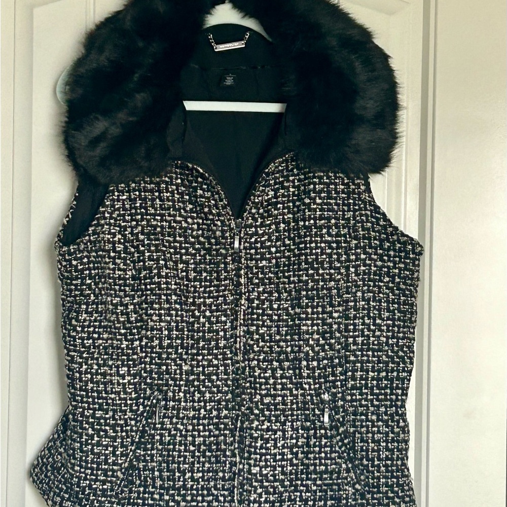 BHWM Black & White Tweed Vest with Removable Faux Fur Trim